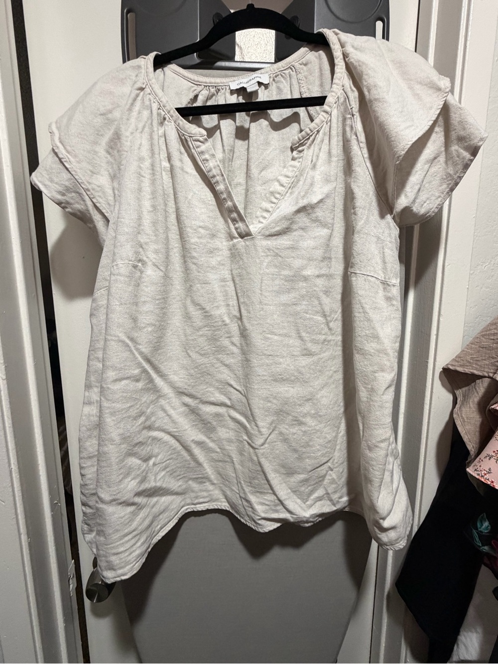 Relaxed V-Neck Short-Sleeve Tunic Top in Soft Cream